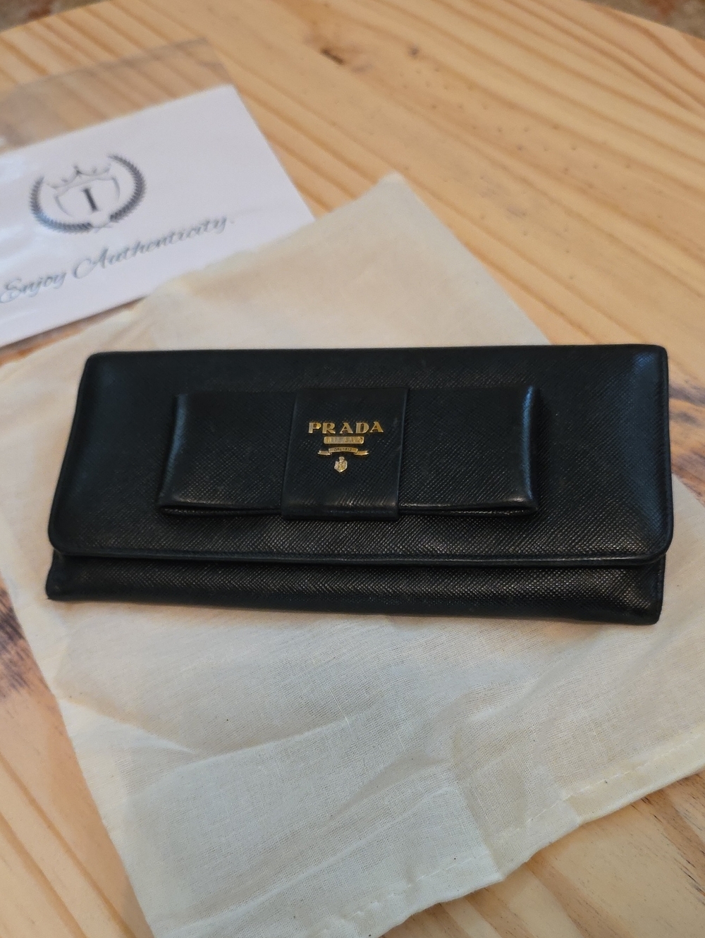 Prada Black Saffiano Leather Bow Continental Wallet with Gold Logo